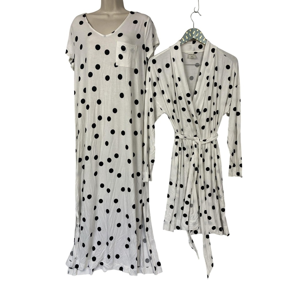 Soma Nightgown Robe Set Womens Medium White Polka Dot Stretchy Knit Sleepwear
